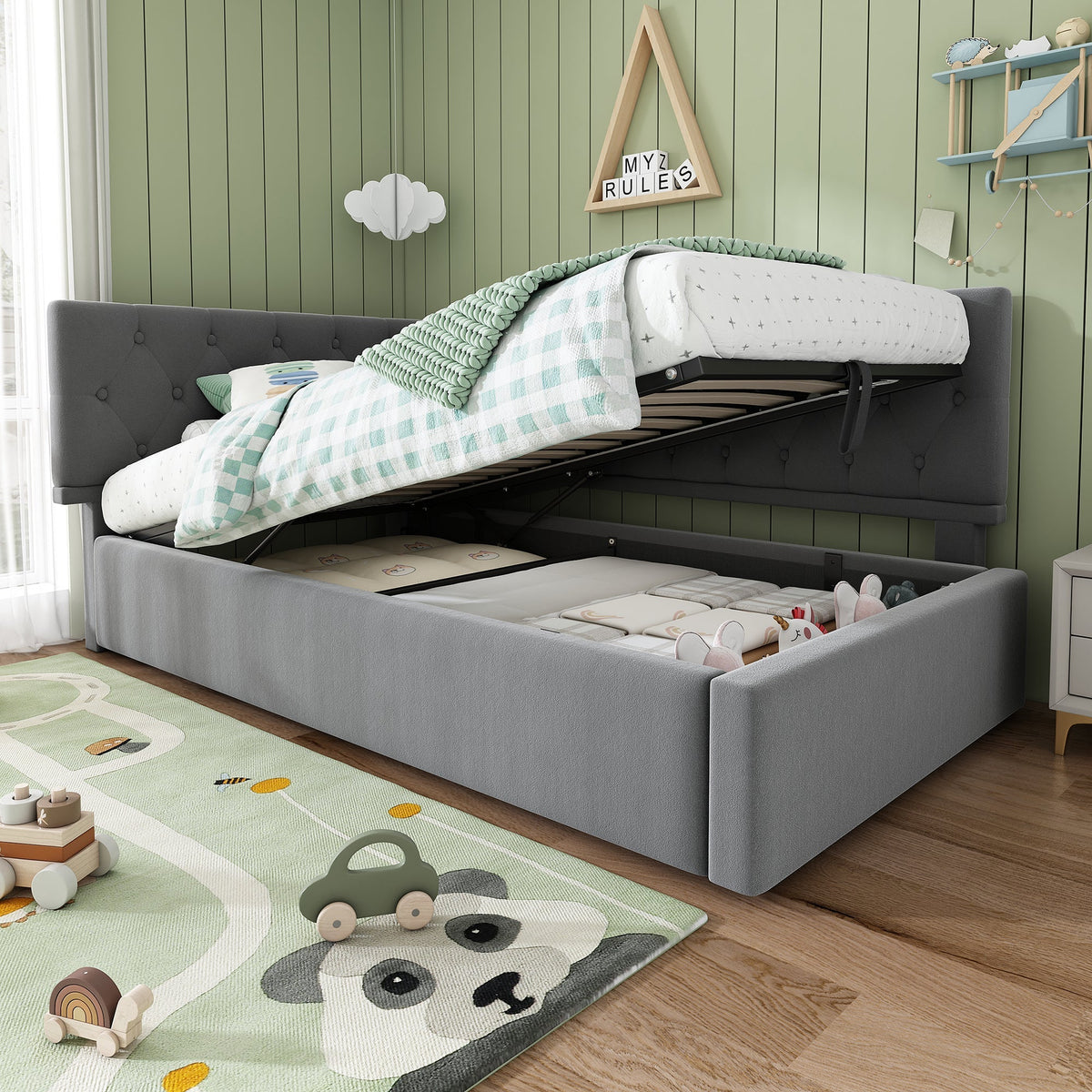 Upholstered Day Bed 90x190cm, Sofa Bed with Hydraulic Storage, Velvet Gray