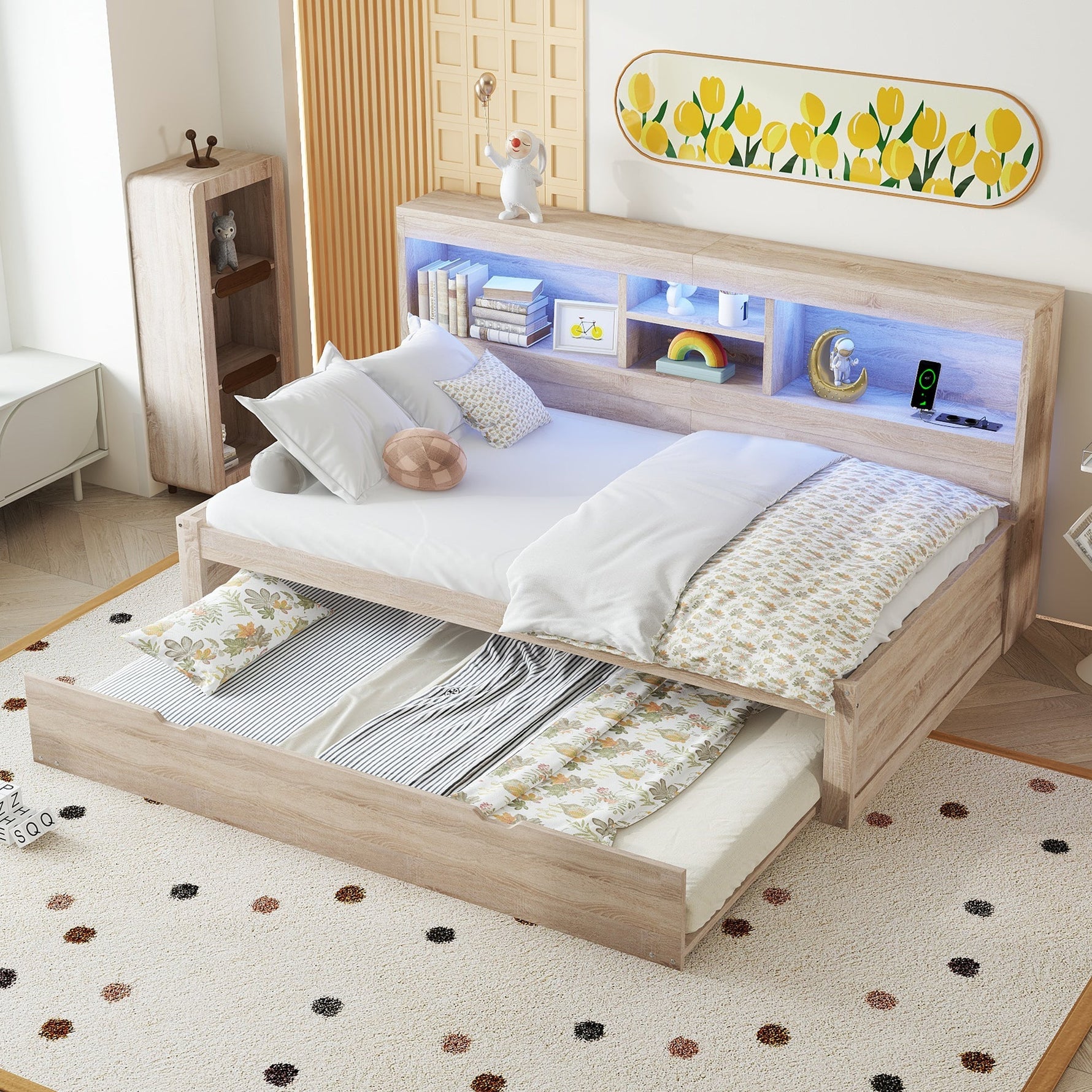 Daybed with Pull-Out Bed, LED Lights and USB Port, Natural Finish