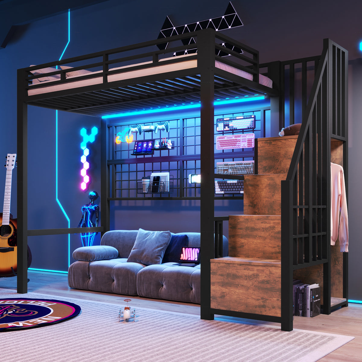 Loft Bed 90x200cm with Wardrobe & LED Lights, Black Iron Frame
