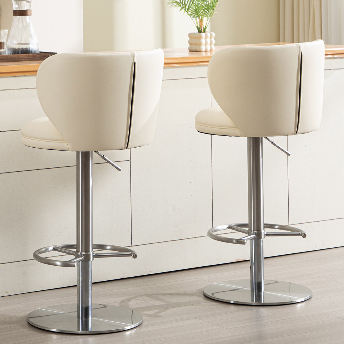 Bar Stools Swivel Adjustable Height Backrest Black Leather and Steel