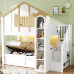 Bunk Bed with Hydraulic Lift & Storage Stairs, Solid Wood White