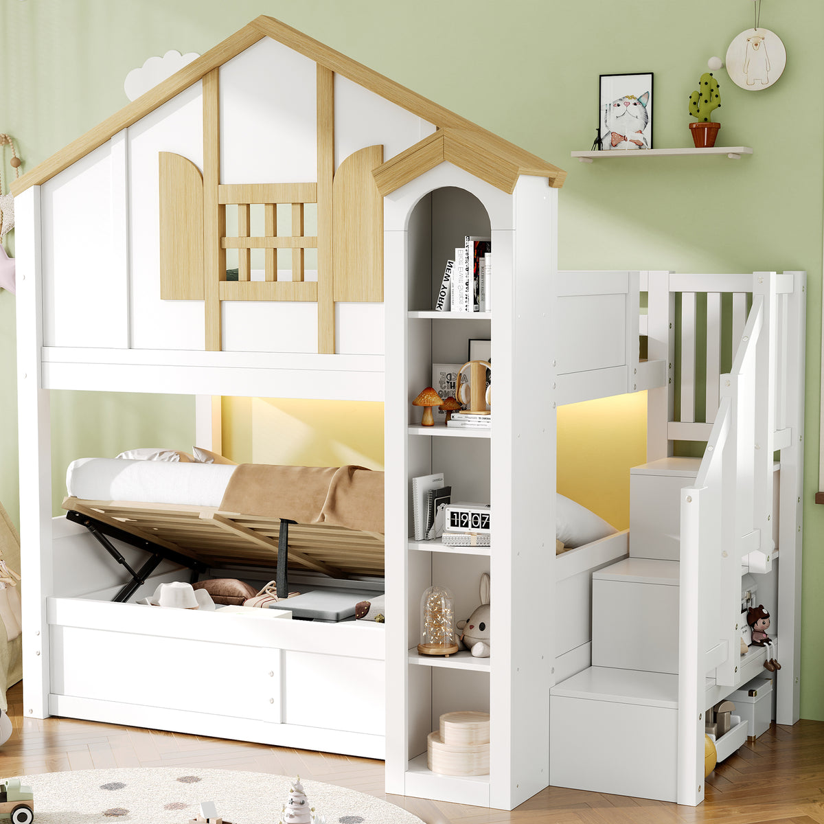 Bunk Bed with Hydraulic Lift & Storage Stairs, Solid Wood White