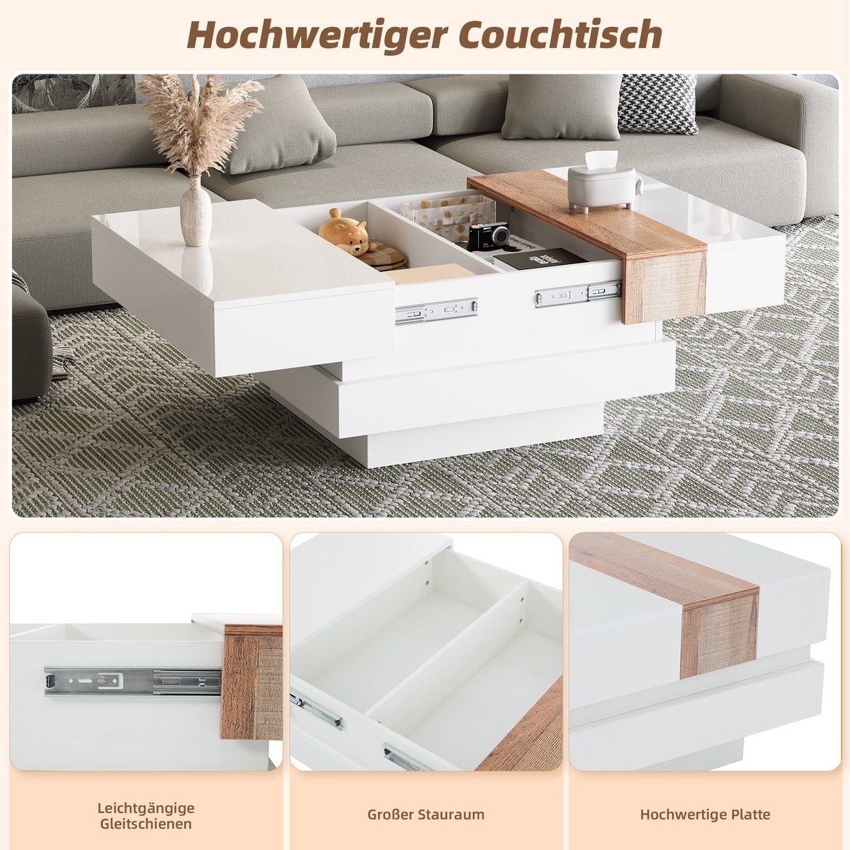 Coffee Table, Square with Extendable Top & Hidden Storage, White High Gloss