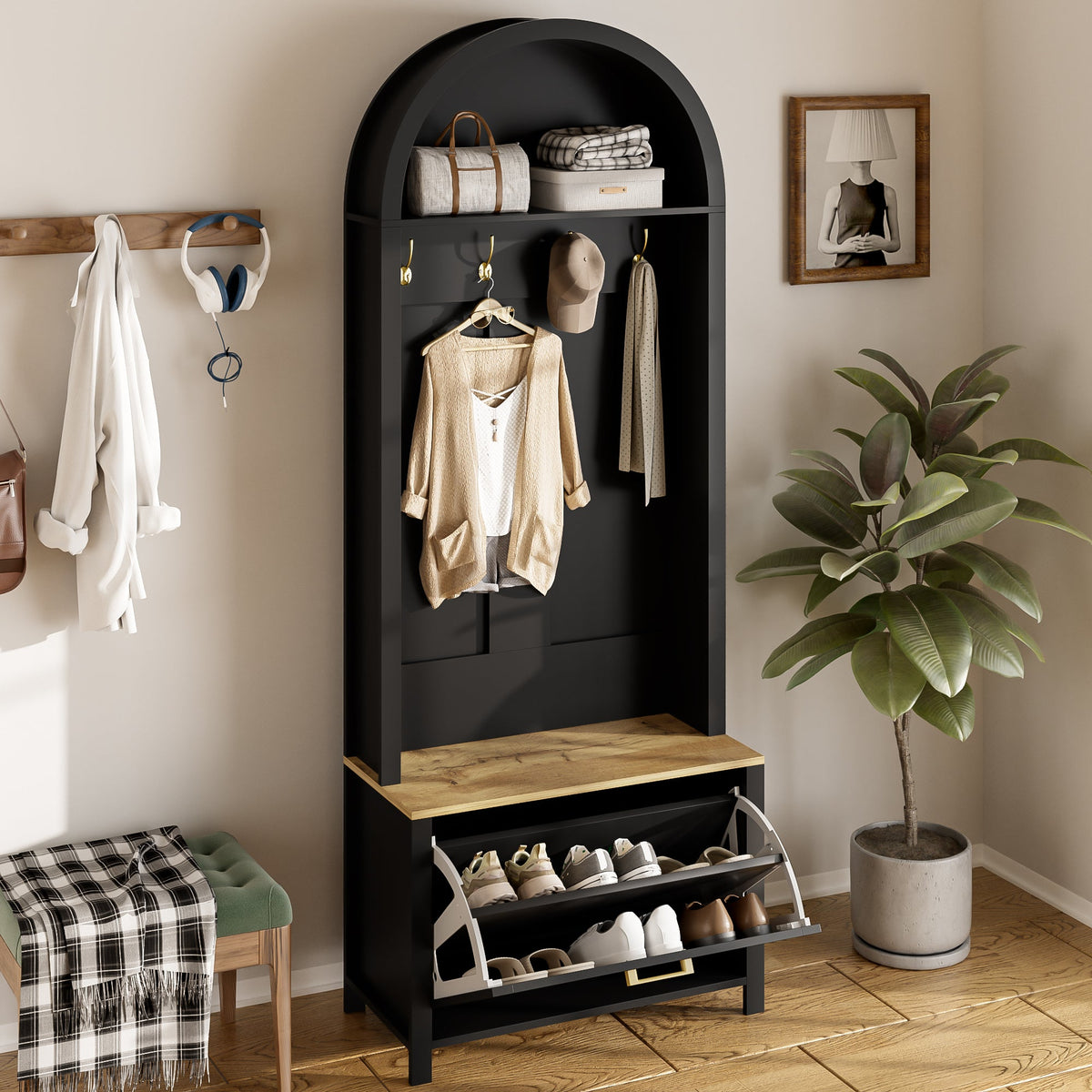 Multifunctional Wardrobe with Shoe Rack, Shelf & Hooks - Hall Tree, Durable MDF Body