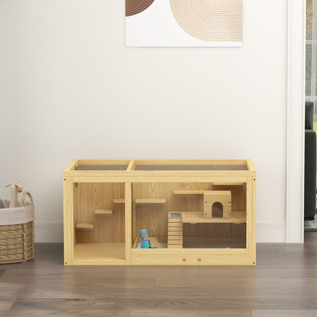 Hamster Cage, Playhouse Gerbils Swings Ladders Opening Roof, Natural Wood