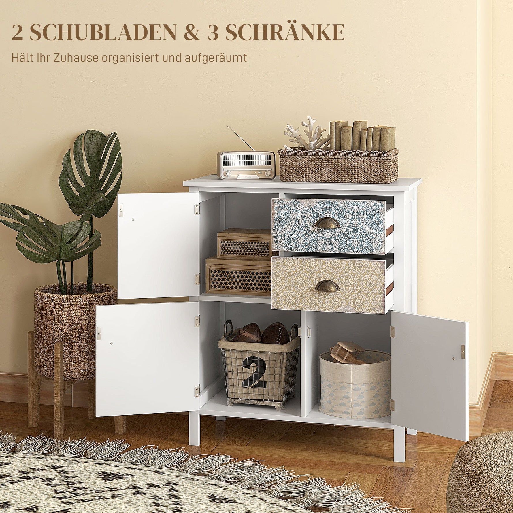 Chest of Drawers Storage Cabinet, 2 Drawers 3 Compartments, Anti-tip, White