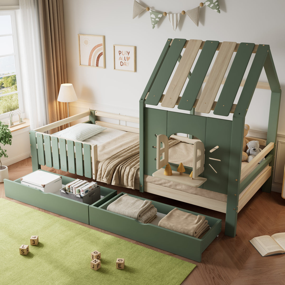 Children's House Bed with Roof, Window, Fence, 2 Drawers, 90x200cm - Pine/MDF Green/Natural