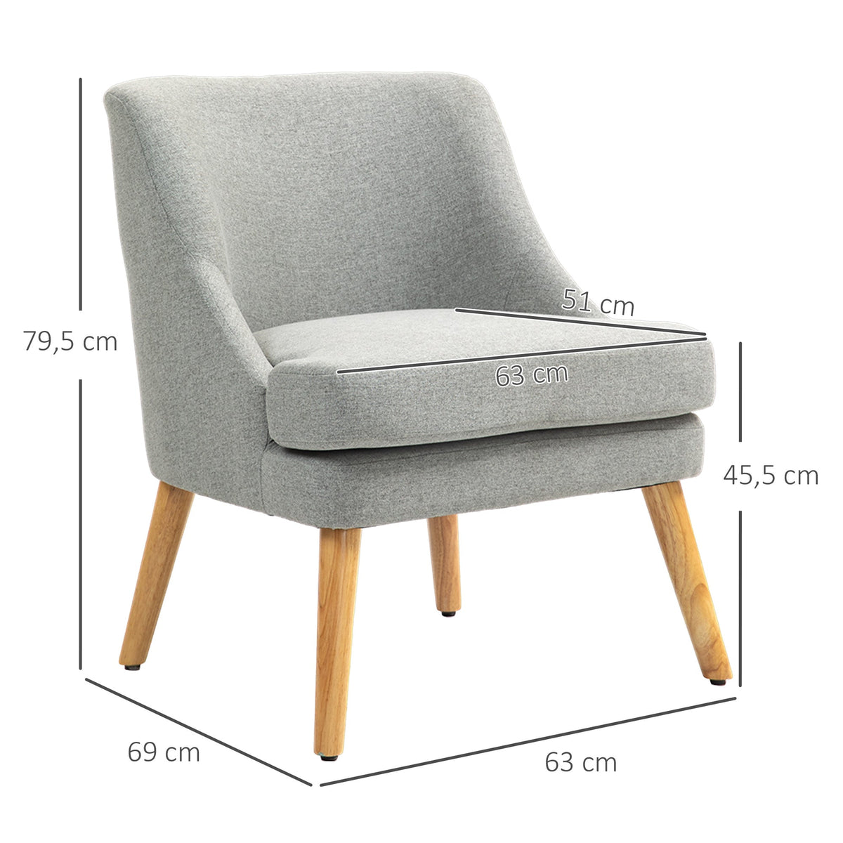 Armchair Lounge Chair, Upholstered with Armrest, Wooden Legs, Light Grey