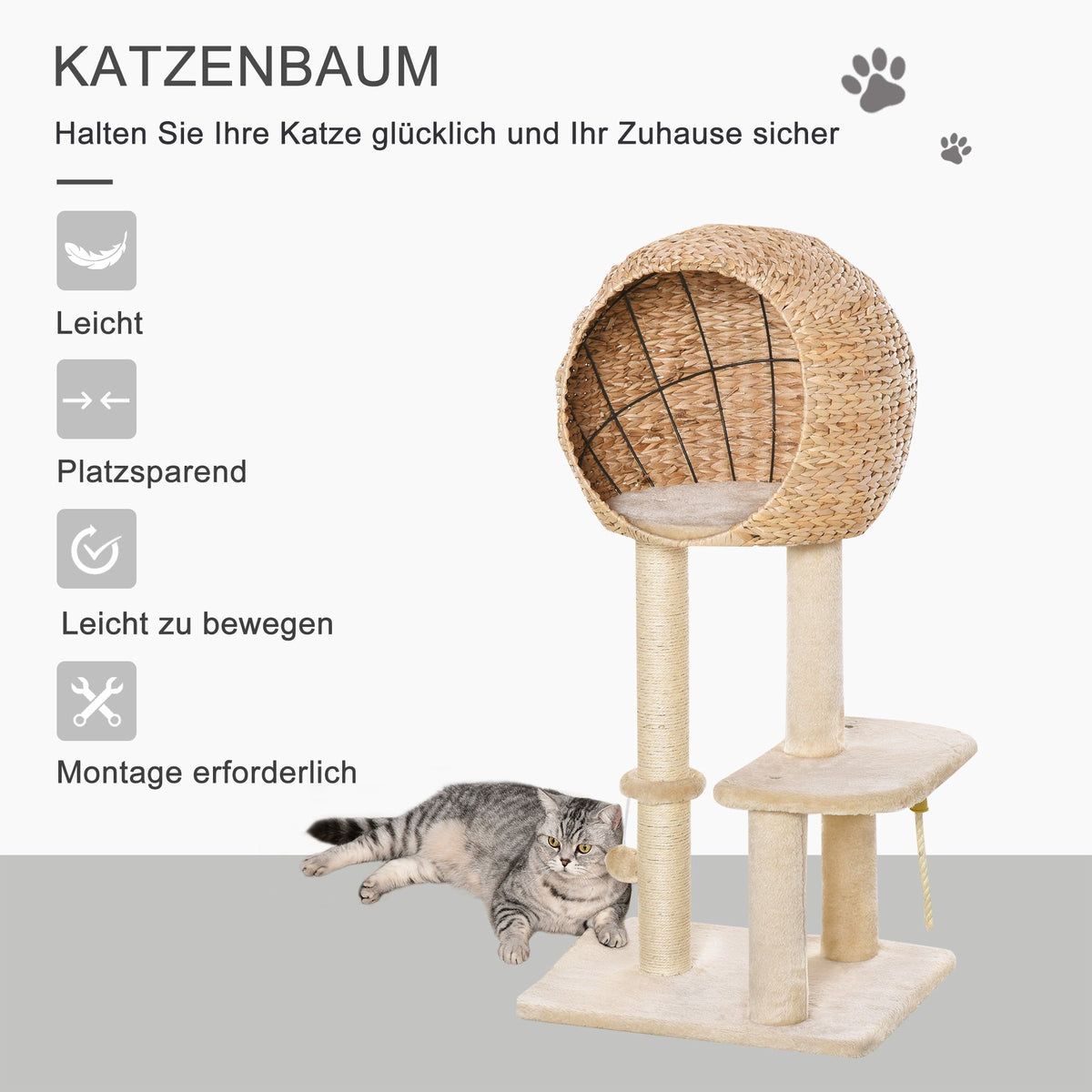 Cat Tree, Cat Cave 100H cm, Sisal Beige