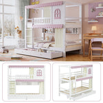 Bunk Bed, Children's with Windows, Curtains, Safety Gate & Storage, Pine + MDF, White + Pink