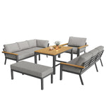 L-Shaped Garden Sofa Set 8-Person Iron Frame Wood Table - Grey Cushions
