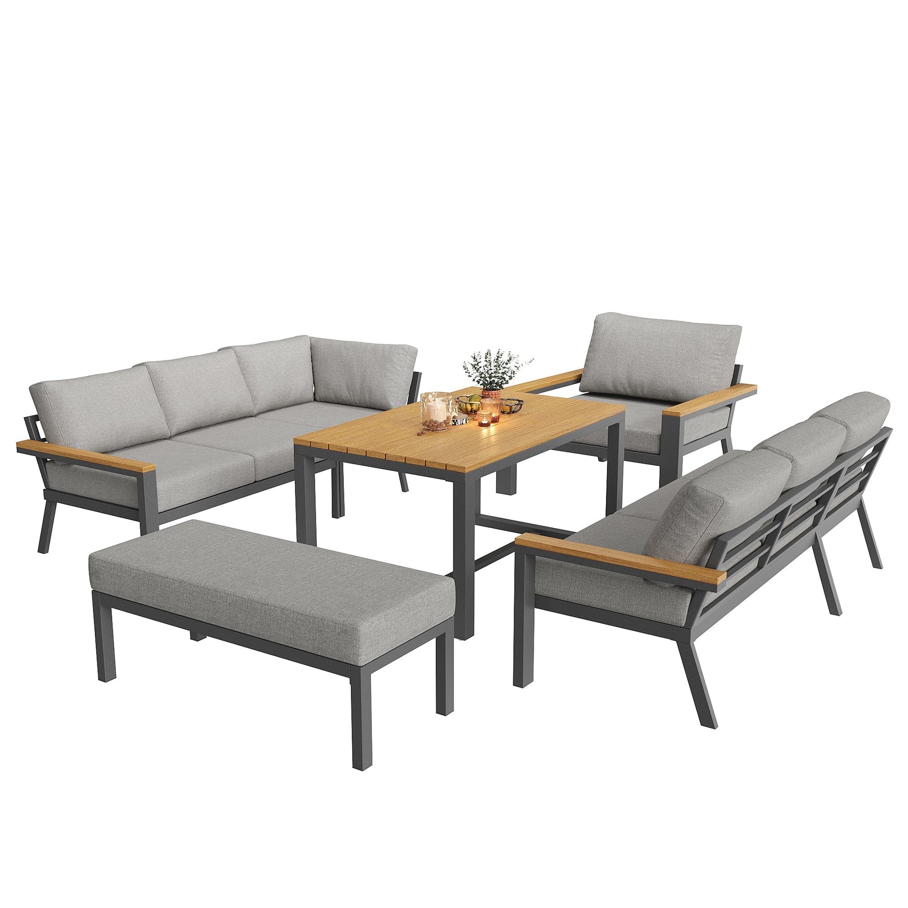 L-Shaped Garden Sofa Set 8-Person Iron Frame Wood Table - Grey Cushions