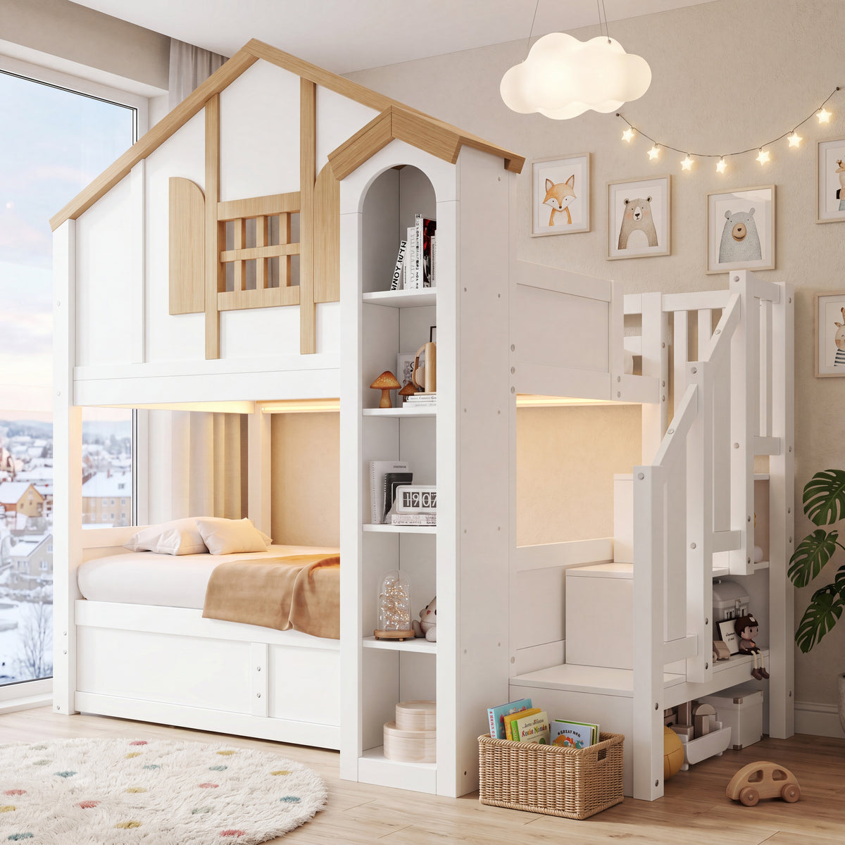 Bunk Bed with Hydraulic Lift & Storage Stairs, Solid Wood White
