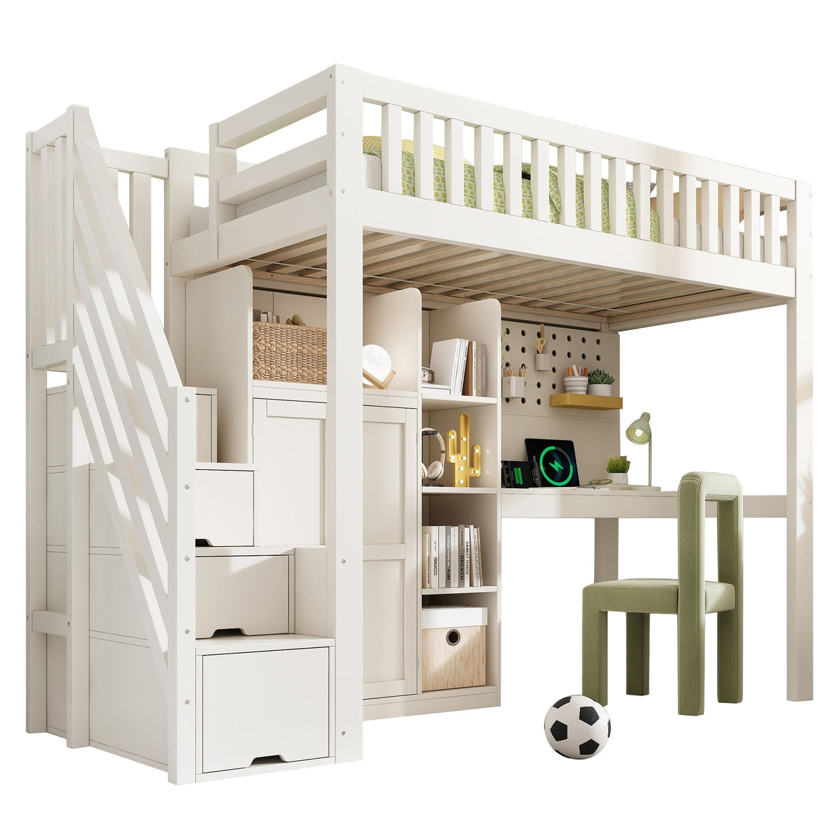 Children's Loft Bed with Desk, Wardrobe, Ladder Cabinet and USB Ports, 90x200cm, White Wood