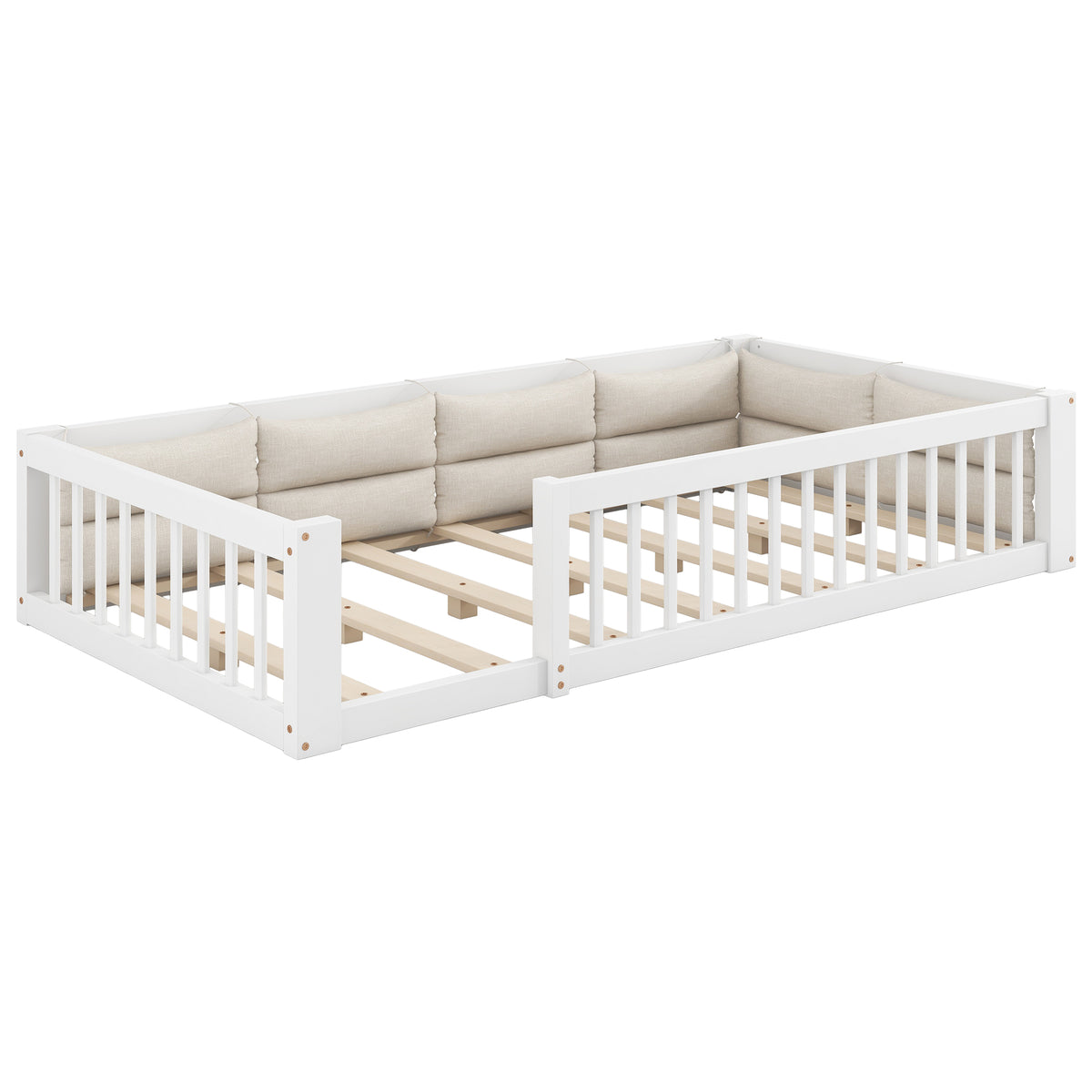 Platform Bed with Side Rails & Pillows, 90x200 cm, White