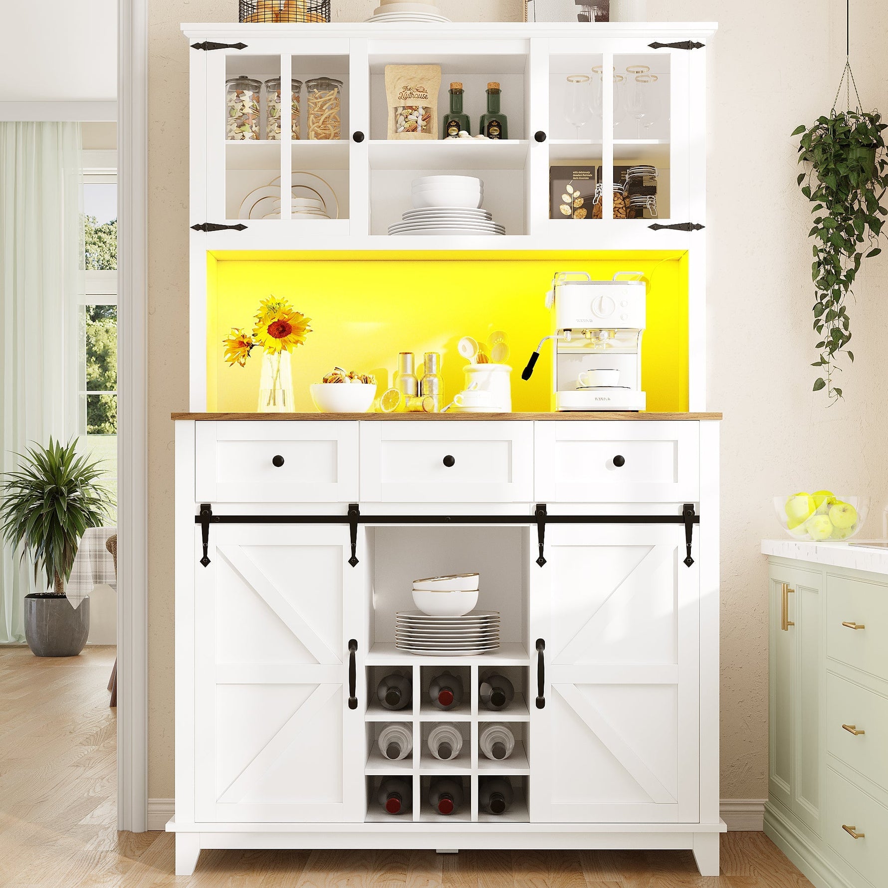 Tall Kitchen Cabinet with LED Lighting and Adjustable Shelves, White