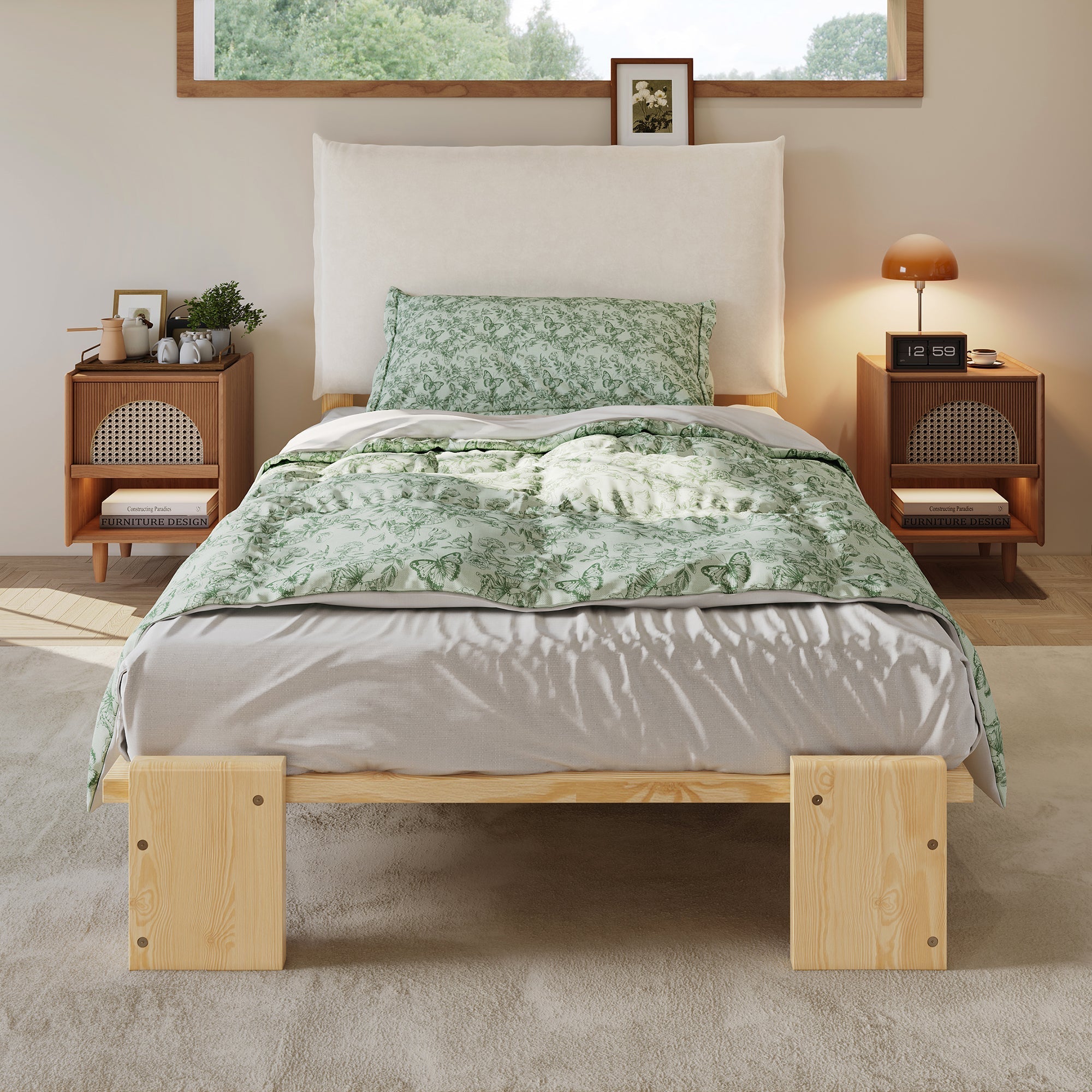 Upholstered Bed, Padded Headboard with Velcro and Sturdy Slatted Base, Pine and Plywood, Natural