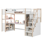 Wooden Loft Bed with Wardrobe, Desk, Storage Stairs, LED and Sockets, 90x200cm, White Pine + MDF
