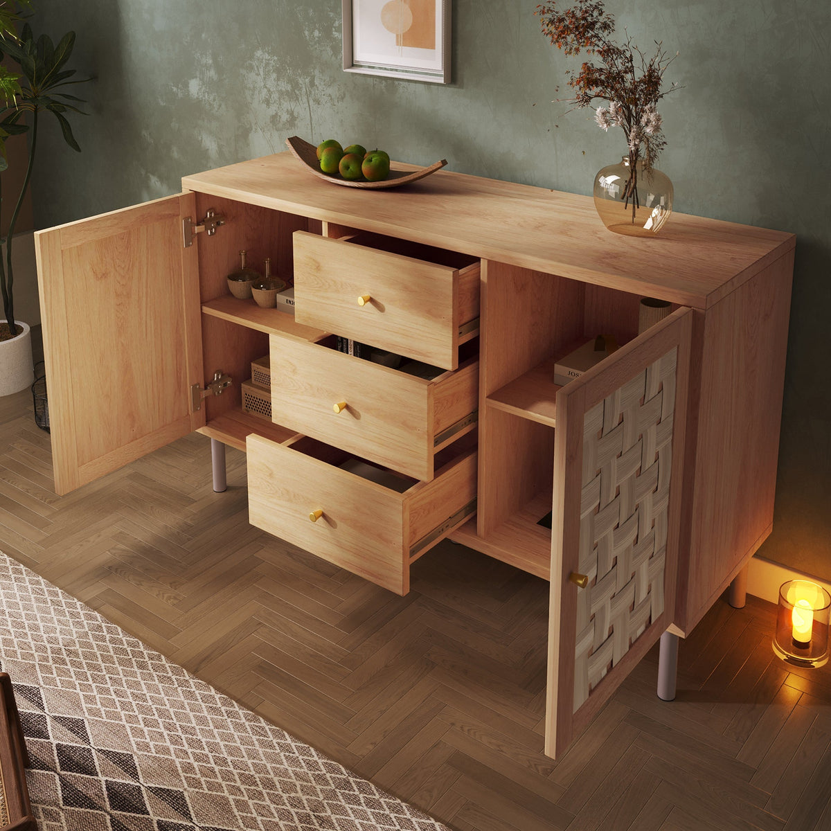 Country-style Chest of Drawers, 120x40x75 cm with 2 Doors and 3 Drawers, Oak-colored