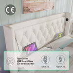 Upholstered Double Bed, Hydraulic Storage with USB & LED, White PU