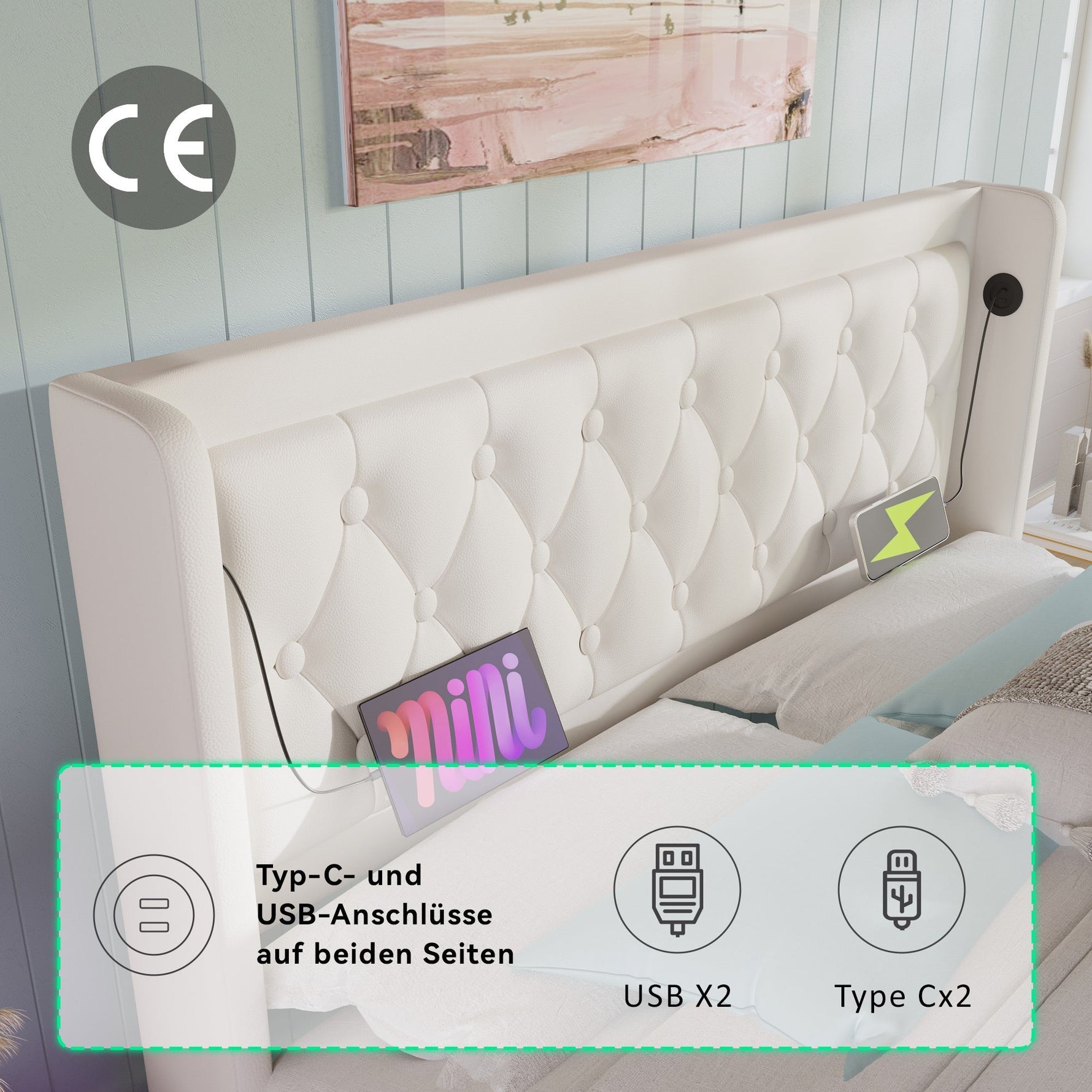 Upholstered Double Bed, Hydraulic Storage, USB-C, LED, White PU