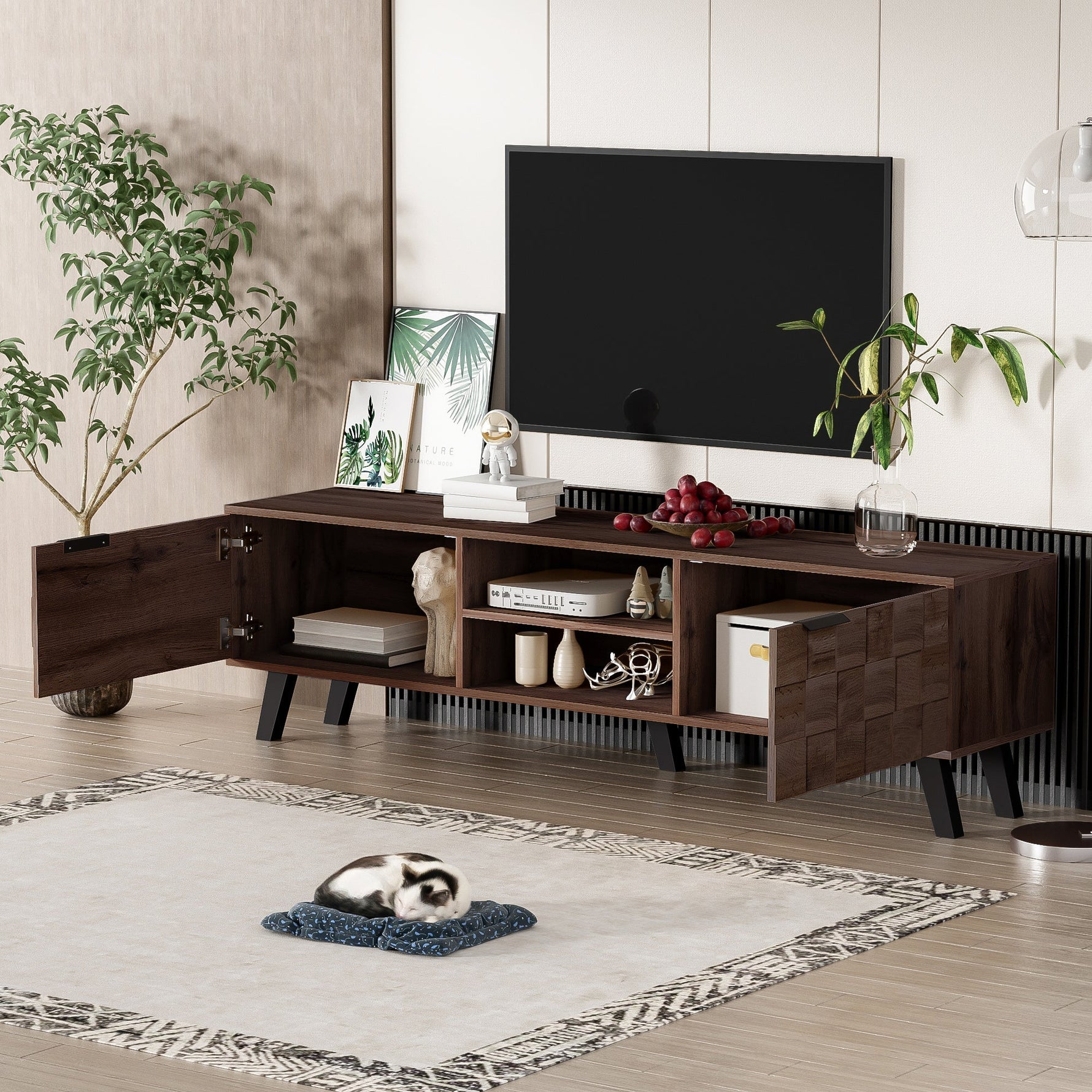 Modern TV Cabinet 2 Doors 2 Open Compartments 160.5cm - Dark Wood Grain
