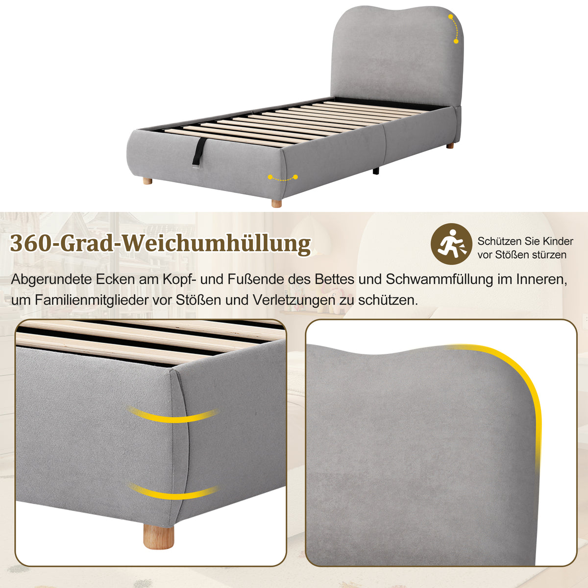 Upholstered Storage Bed 90x200cm with Hydraulic Lift, Grey Linen