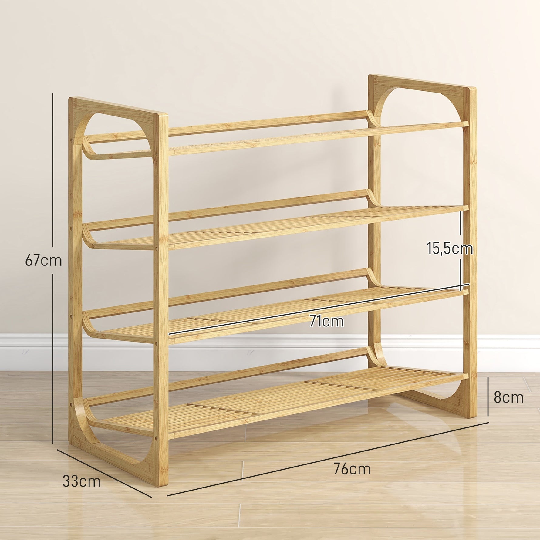 Shoe Rack, 4 Tiers, 12 Pairs, Bamboo Natural