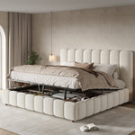 Upholstered Double Bed with Hydraulic Storage and Slatted Frame, 200x200cm, White Bouclé