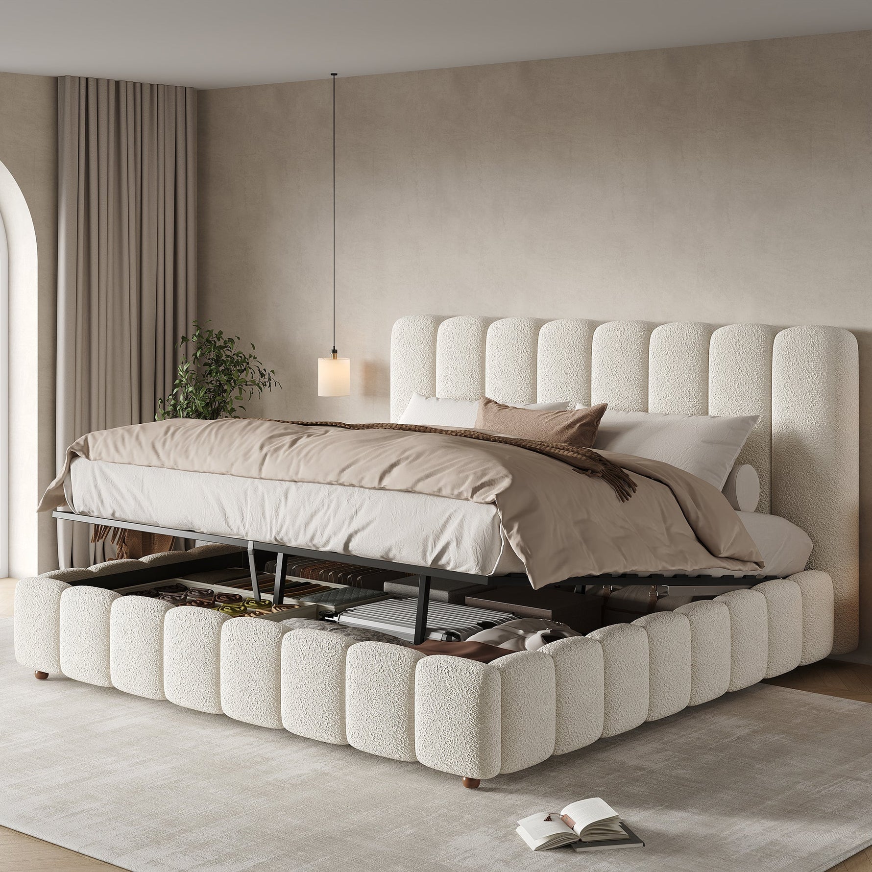 Upholstered Double Bed with Hydraulic Storage and Slatted Frame, 200x200cm, White Bouclé