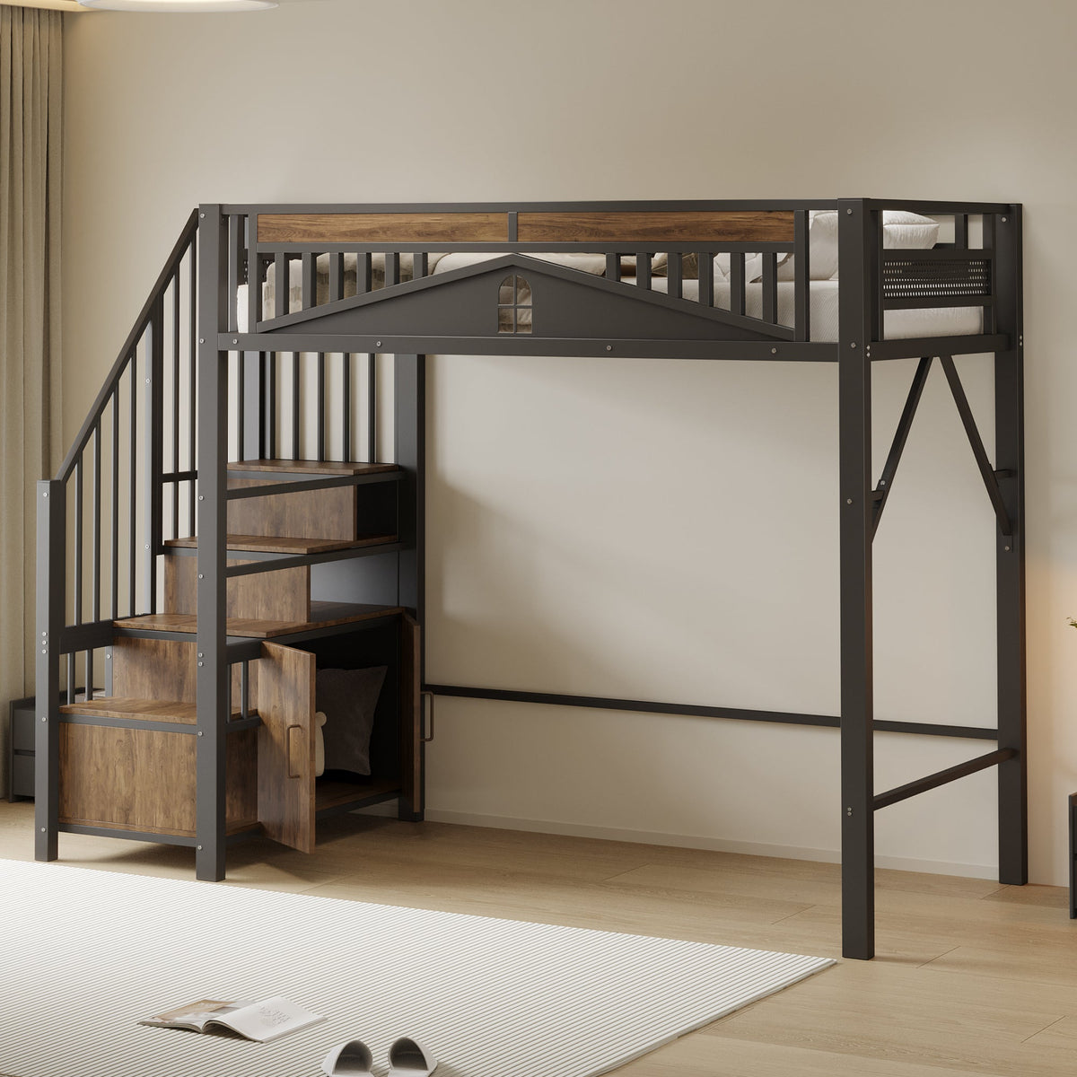 Metal Loft Bed, 90 x 200 cm, Safety Enclosure with Window & Ladder, Black
