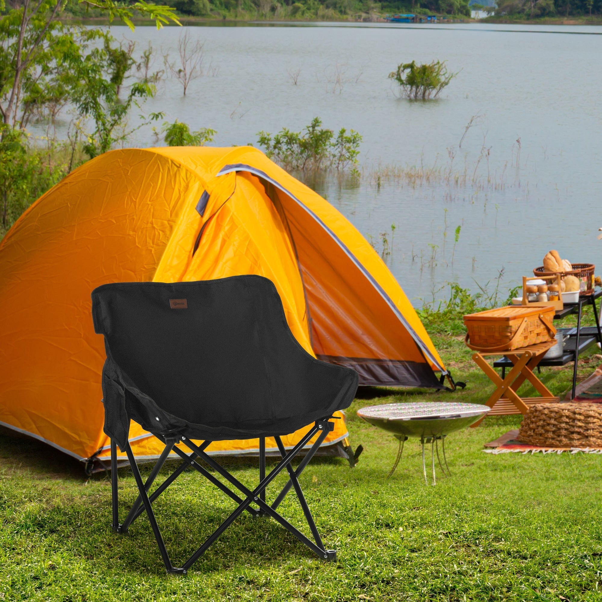 Camping Chair Foldable with Side Pocket, Steel Legs, Black Oxford