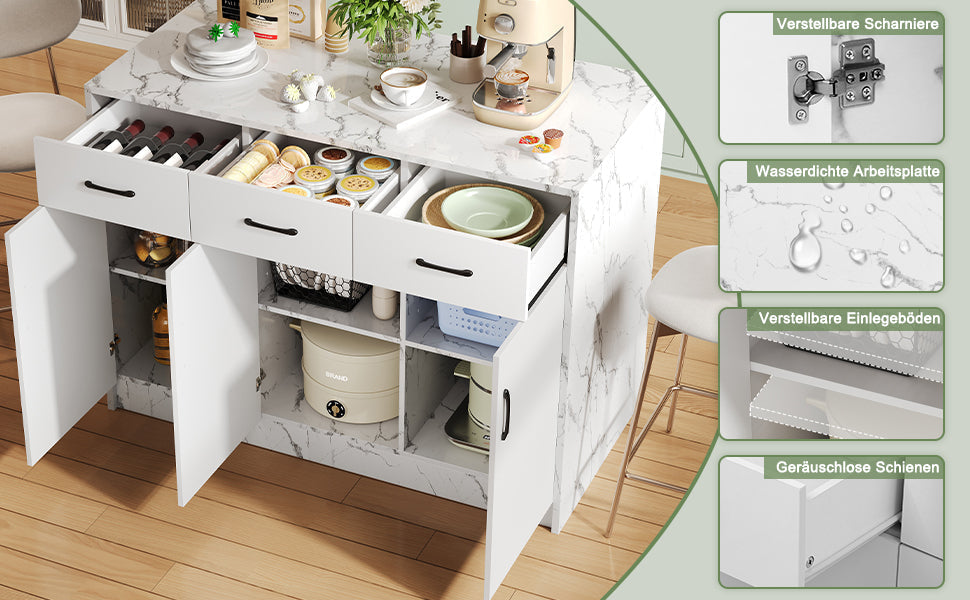 Large Kitchen Island 120x60cm 3 Drawers 3 Doors Adjustable Shelves - White Marble Design