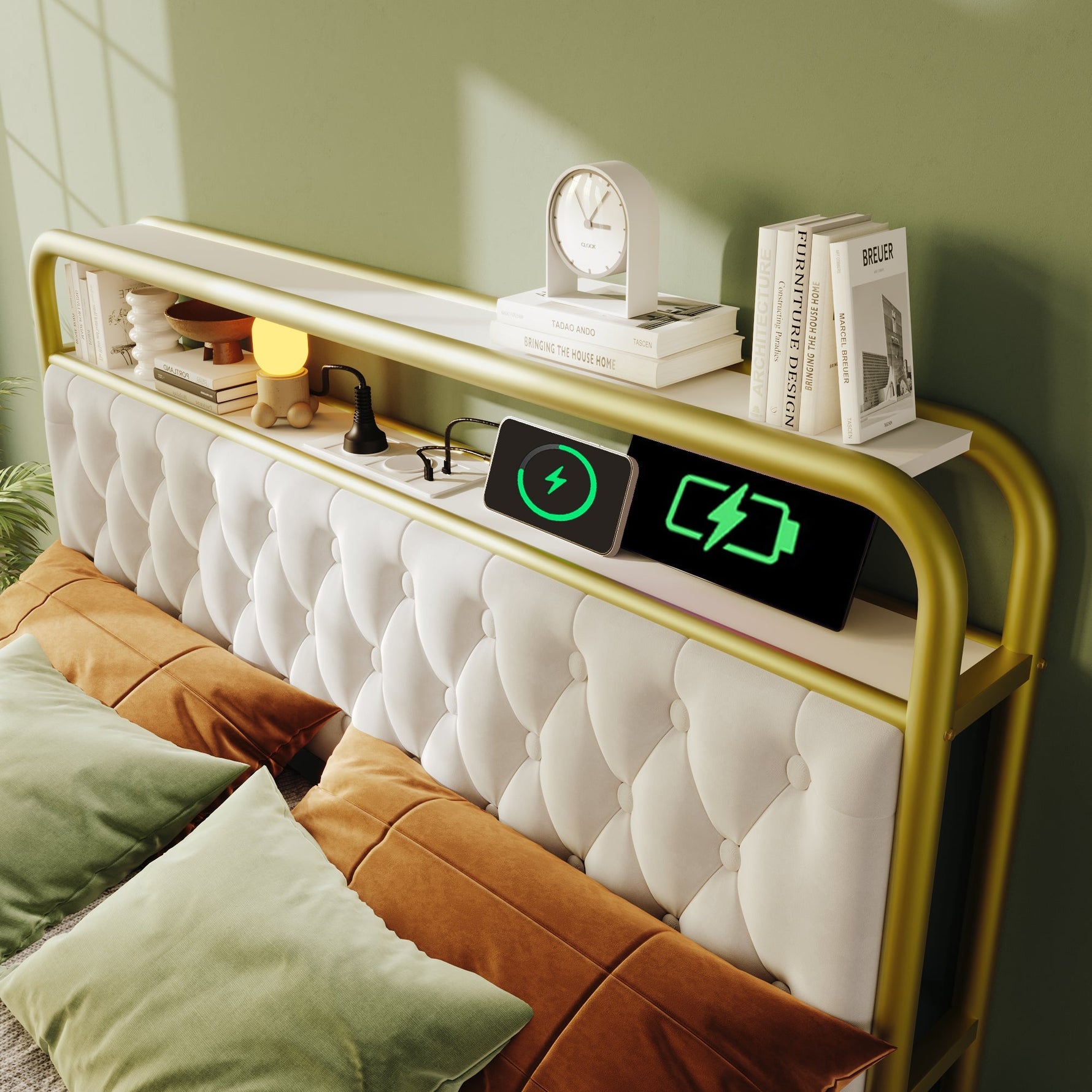 Upholstered Double Bed, USB-C Charging, APP-Control LED, 4 Drawers, Velvet