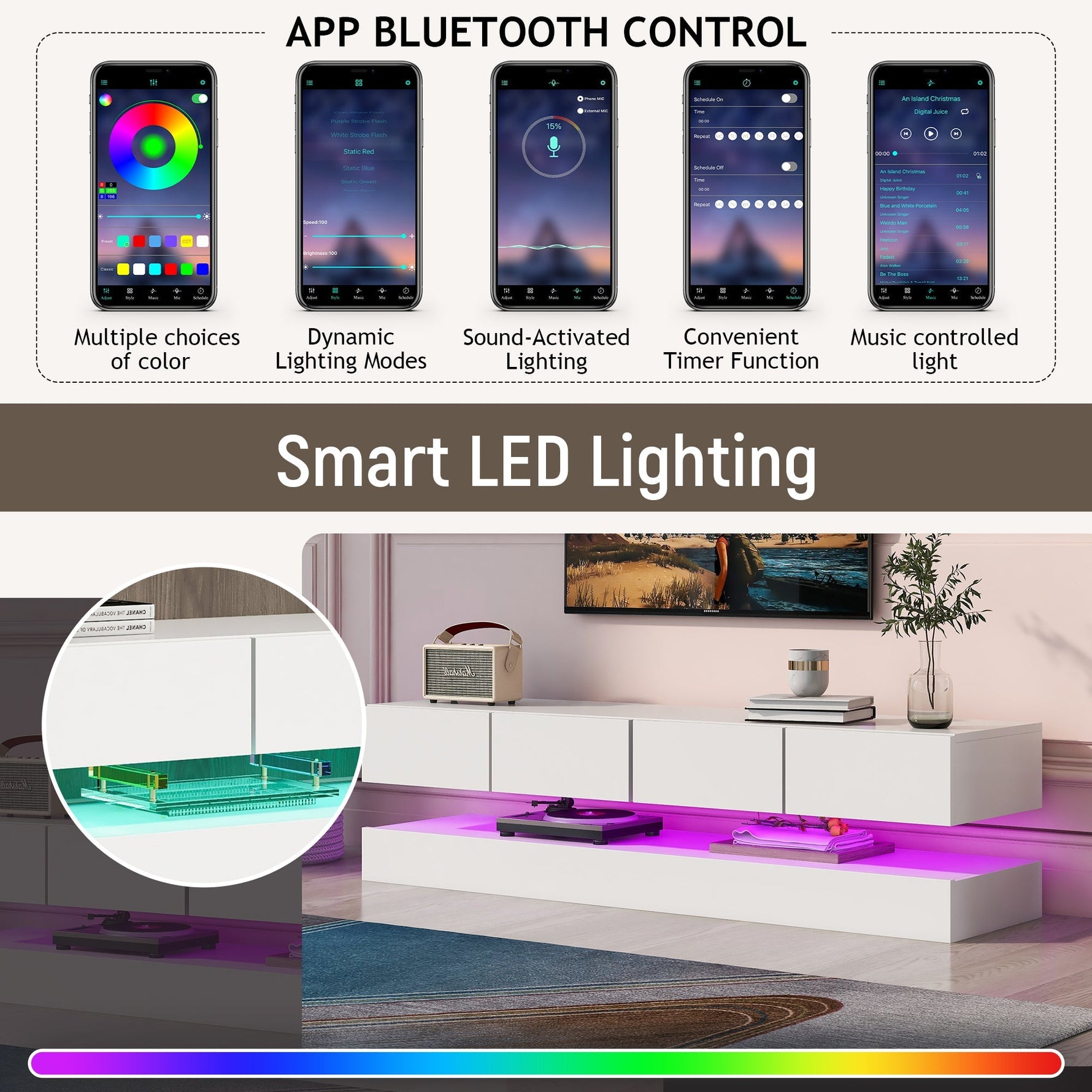 LED TV Lowboard with 2 Cabinets, 4 Drawers & 16-Color LED Lighting for up to 55-Inch TVs, White