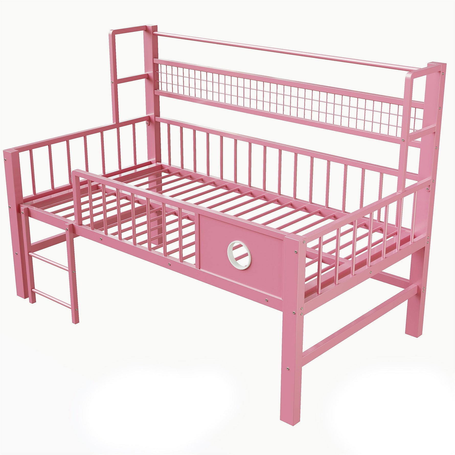 Low Loft Bed with Storage Compartments, 90x200cm, Pink Metal Frame
