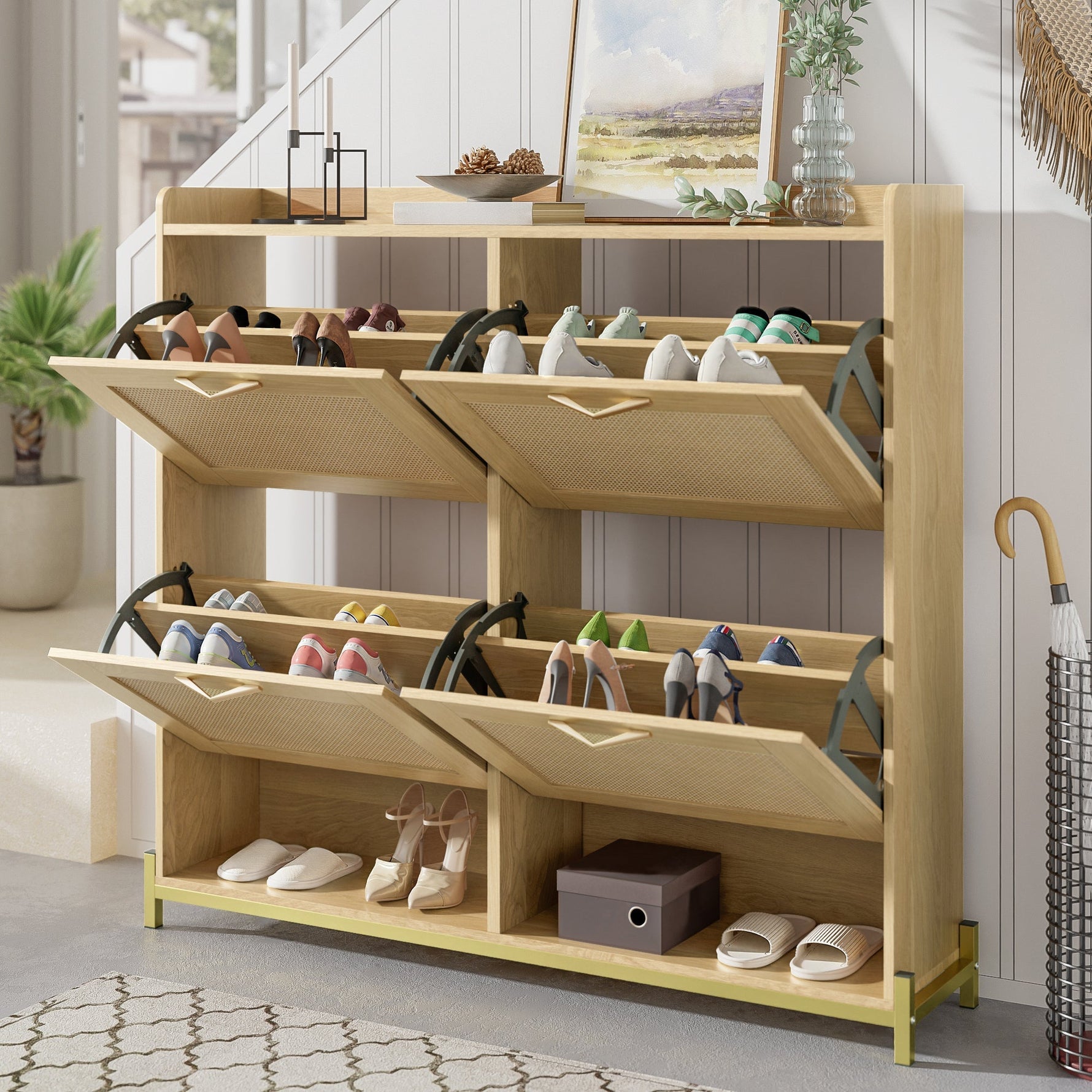 Shoe Cabinet Rattan Doors 4 Doors Metal Frame - Wood