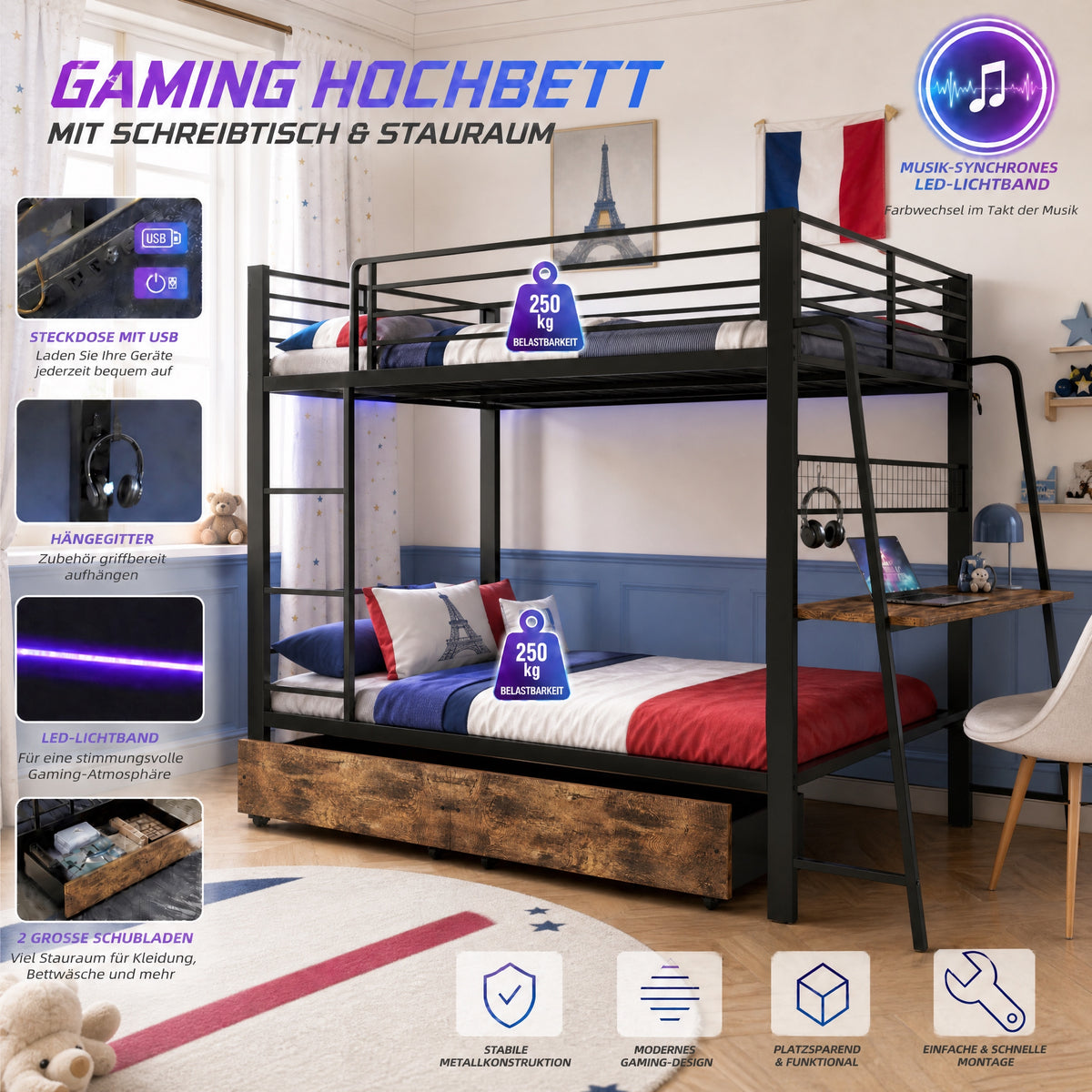Kids House Loft Bed 90x200cm with Slide & LED, Pink Metal