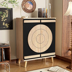 Modern Shoe Cabinet with Geometric Doors and Multi-Level Storage, Black and Natural Wood