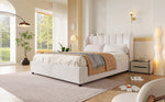Upholstered Platform Bed 140x200cm with Slatted Base, Velvet Beige