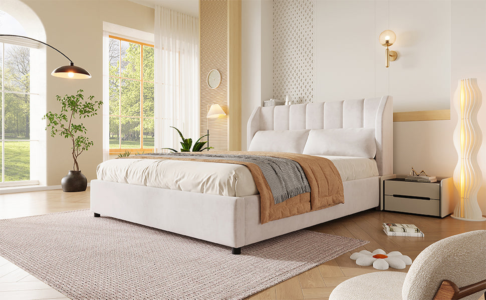 Upholstered Platform Bed 140x200cm with Slatted Base, Velvet Beige