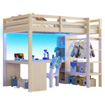 Loft Bed 140x200 with Desk, Shelves, LED & USB Port - Natural