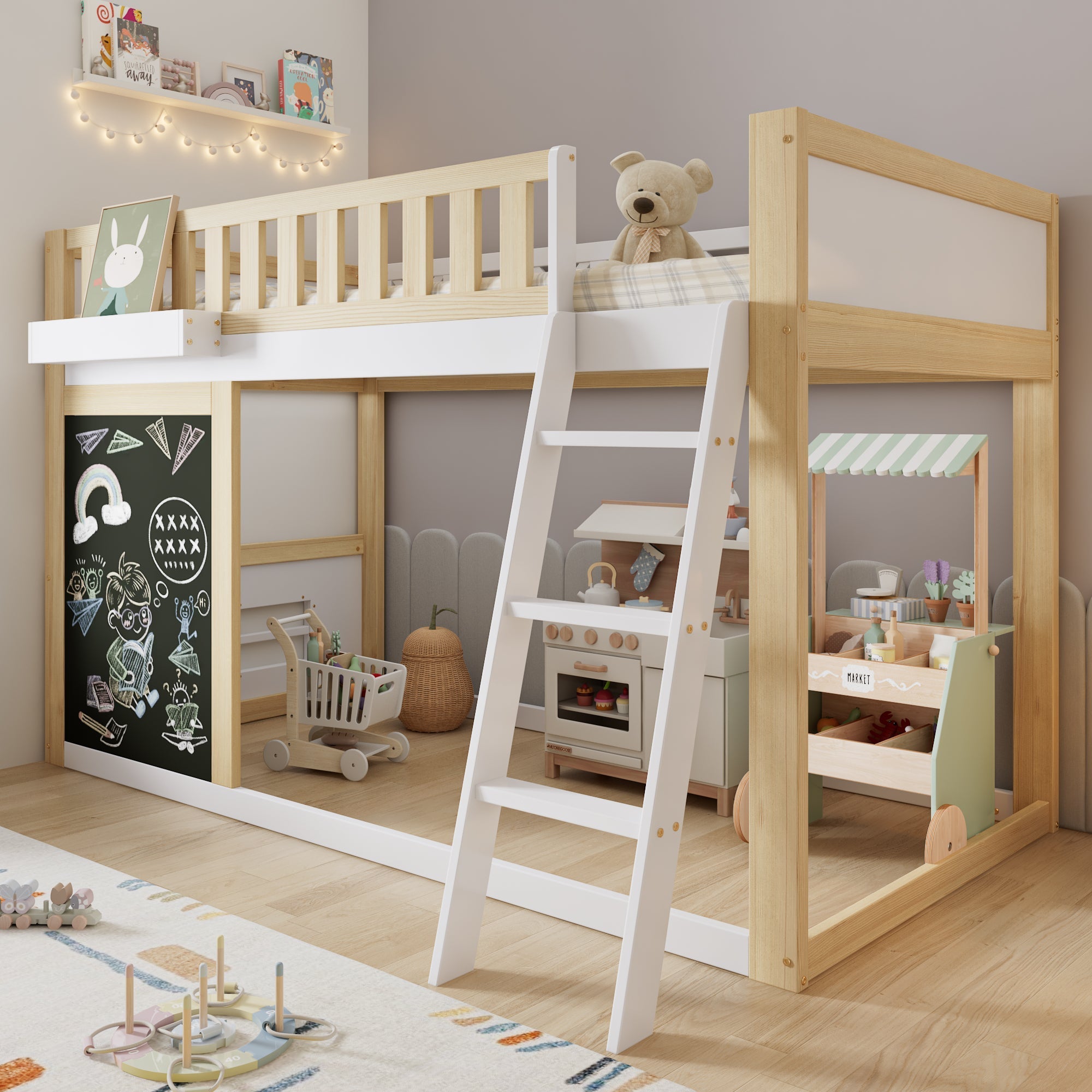 Bunk Bed Chalkboard Storage Safety Railing Pine + MDF White/Natural 90x200cm
