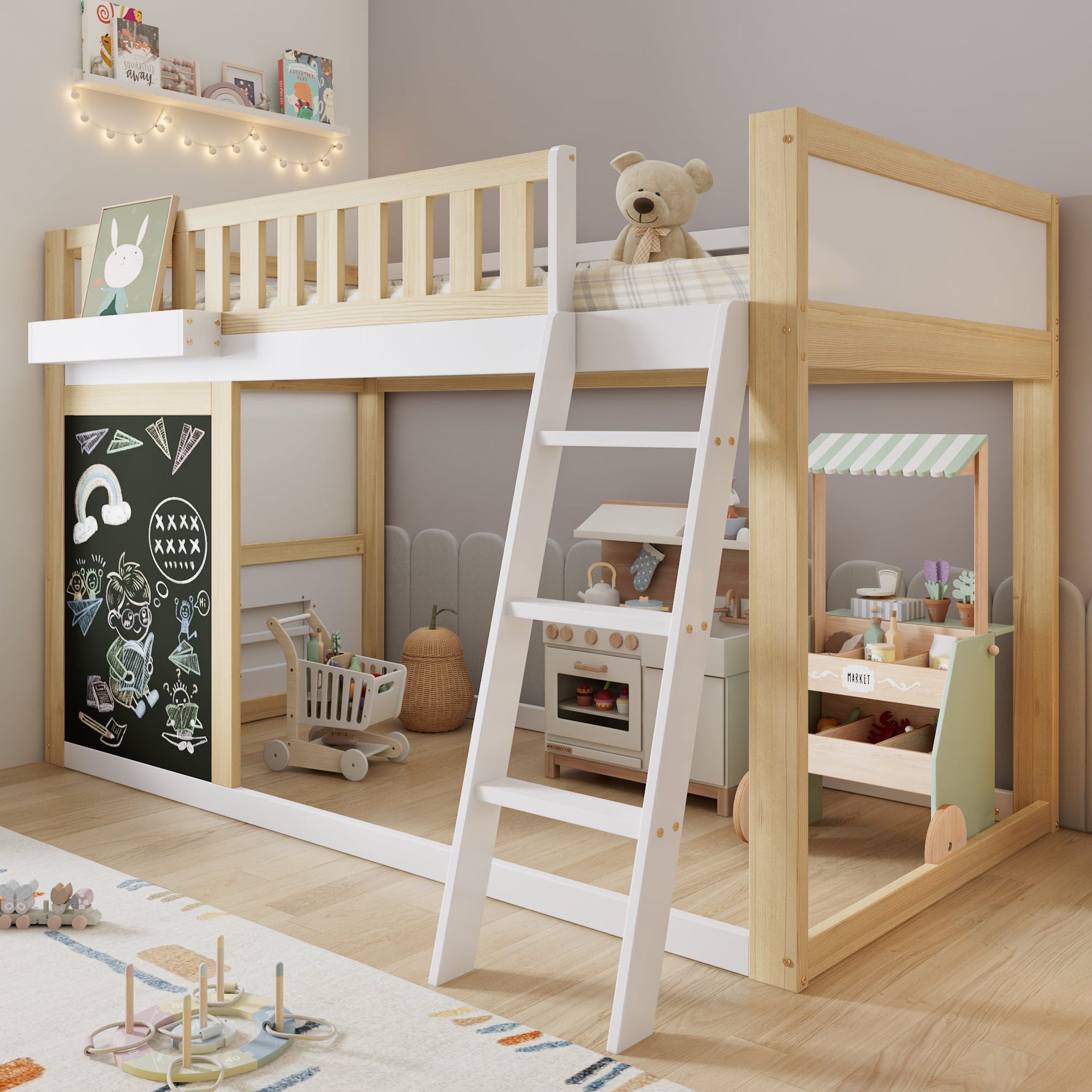 Bunk Bed Chalkboard Storage Safety Railing Pine + MDF White/Natural 90x200cm