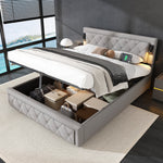 Upholstered Storage Bed with Downlight, USB Port and Slatted Base, 160x200cm, Grey Linen