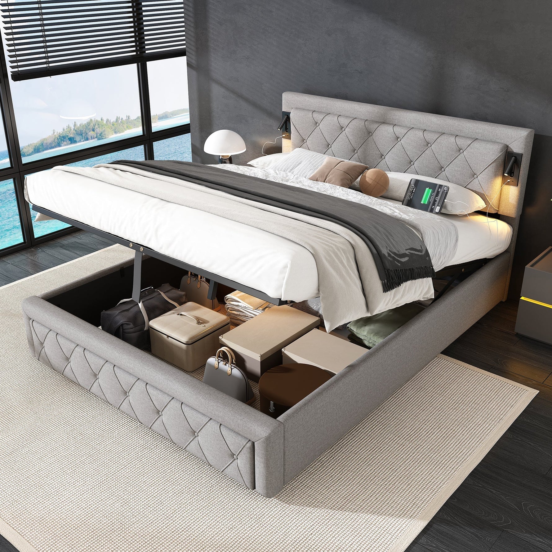 Upholstered Storage Bed with Downlight, USB Port and Slatted Base, 160x200cm, Grey Linen