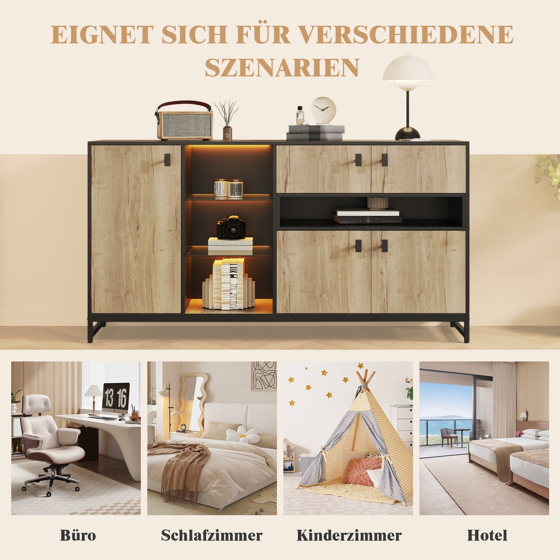 Modern Minimalist Storage Cabinet with Double Doors, Open Shelving and Glass Shelves, Wood and Metal
