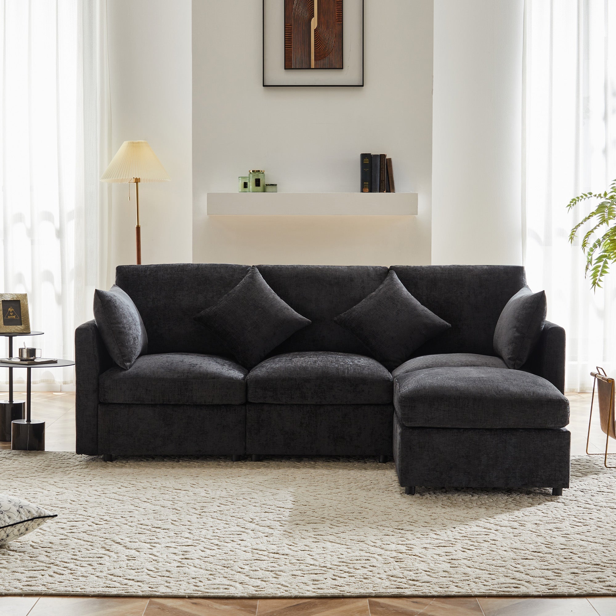 L-Shaped Corner Sofa Set with Footstool Modern Design Chenille Fabric