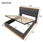 Upholstered Double Bed with LED, Storage & USB, 140x190cm, Grey Linen