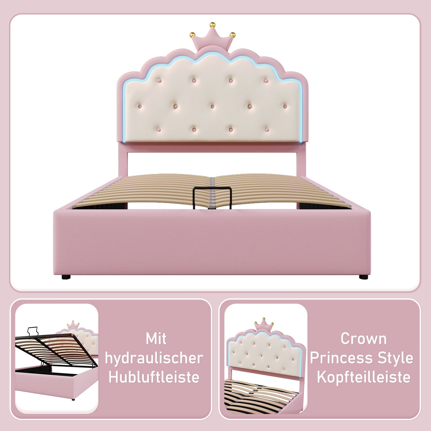 Upholstered Bed with LED Lighting and Hydraulic Storage, 140 x 200 cm, Pink PU
